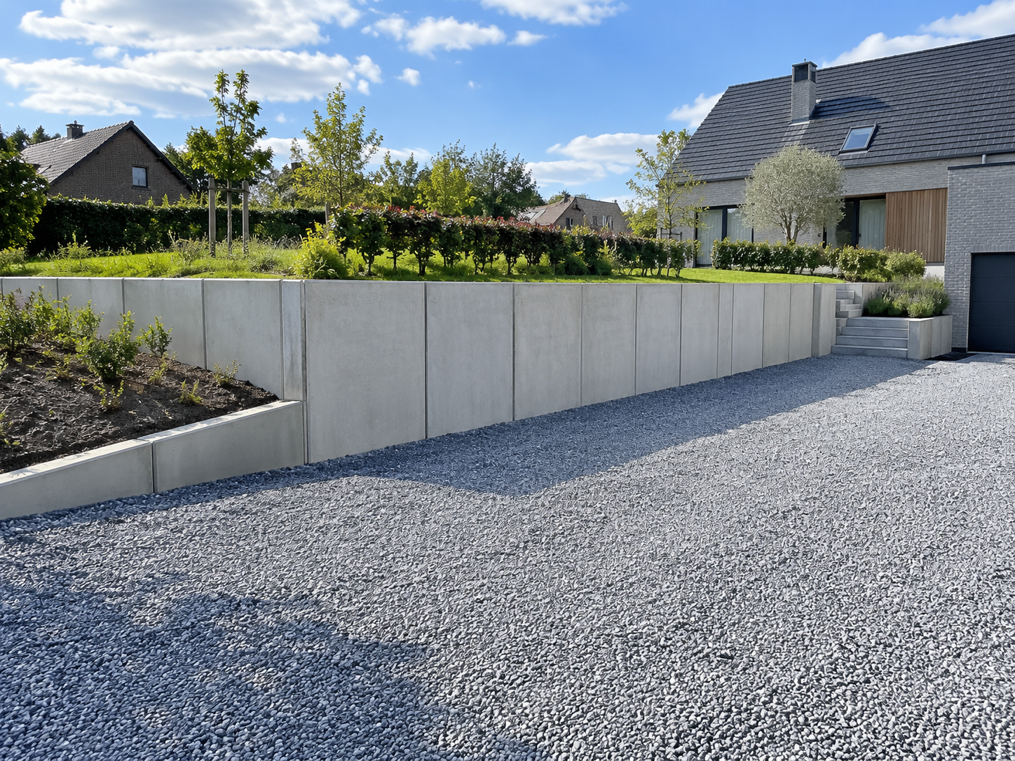 Soutènement en béton à côté d'une allée ou d'une zone de stationnement