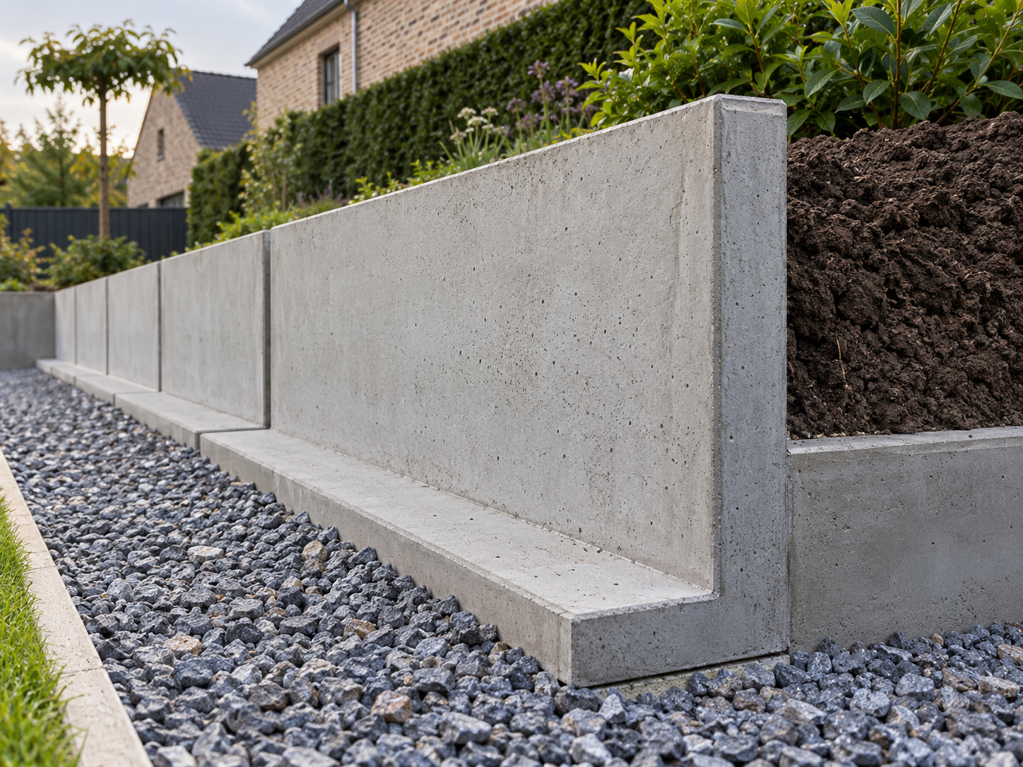 Éléments en L en béton pour retenir les terres autour d'une maison