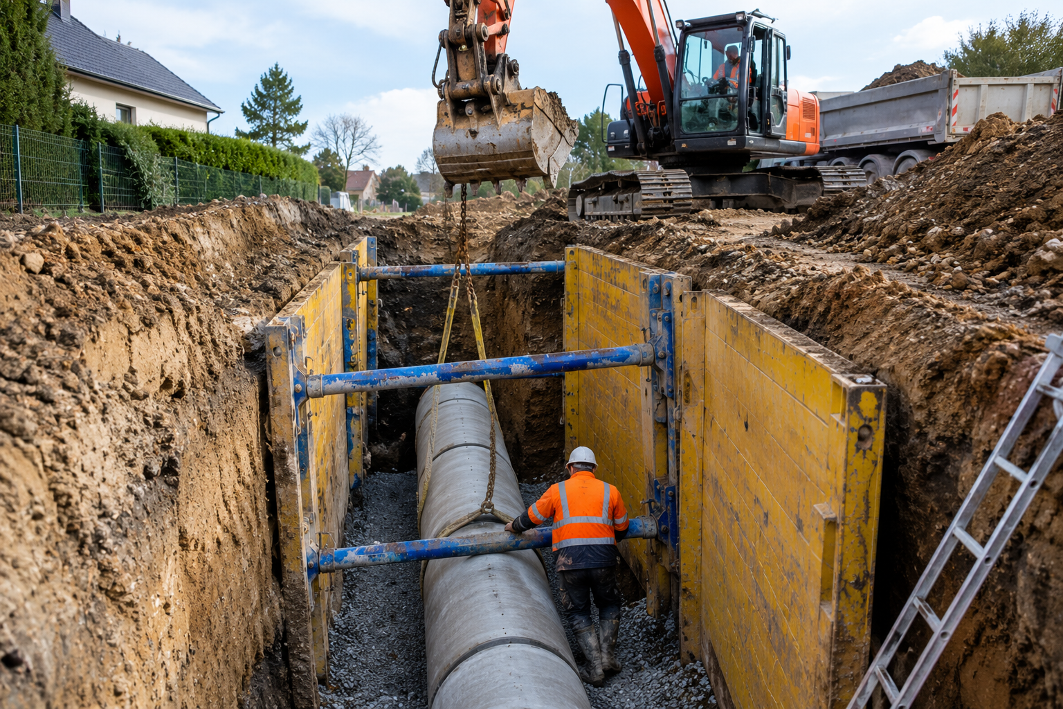 Pose d'une canalisation lors de travaux d'excavation profonde