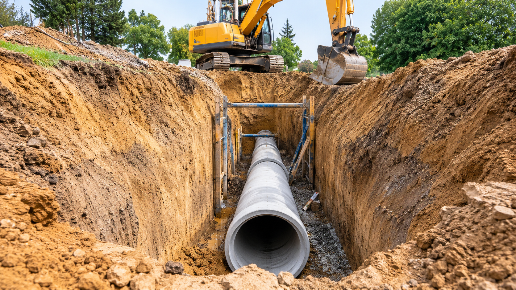 Installation d'un tuyau d'égout en béton dans une tranchée profonde
