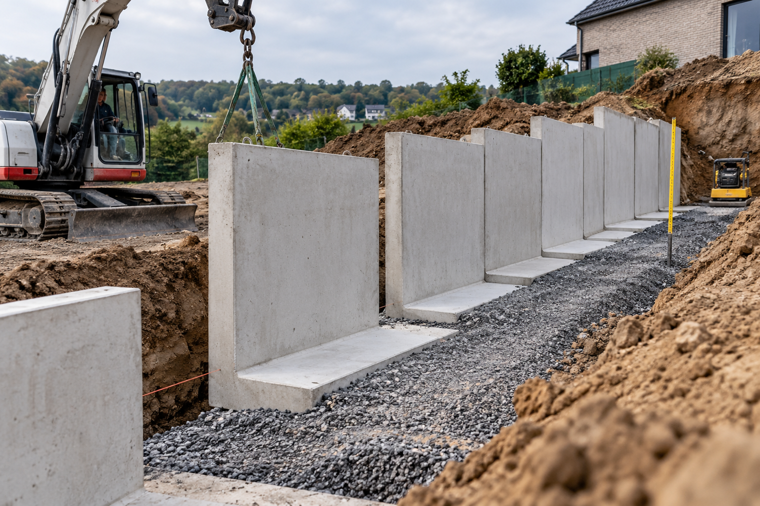 Installation d'éléments en L en béton sur un chantier extérieur