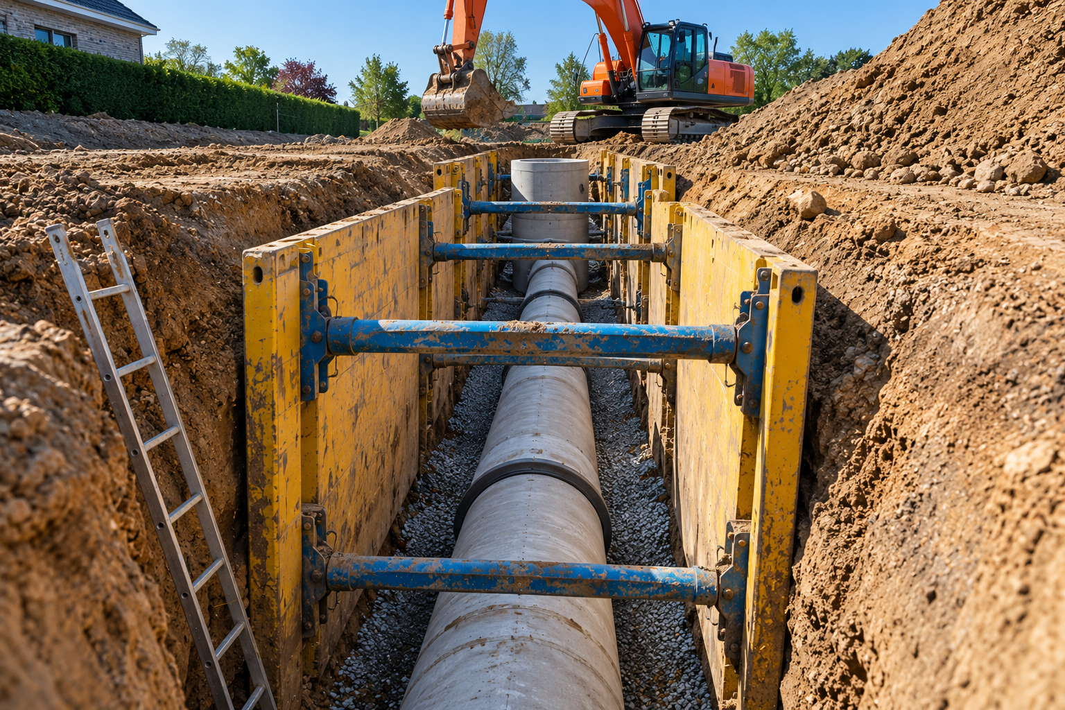 Tranchée blindée pour la pose d'une canalisation d'égout