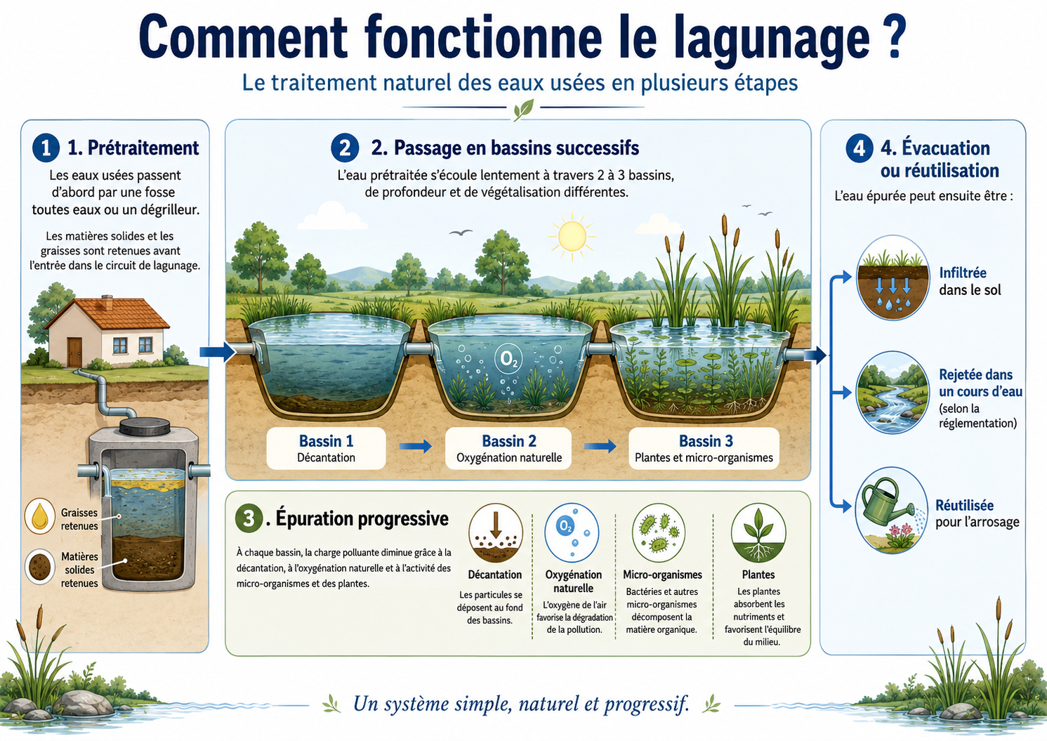 schéma technique du fonctionnement du lagunage
